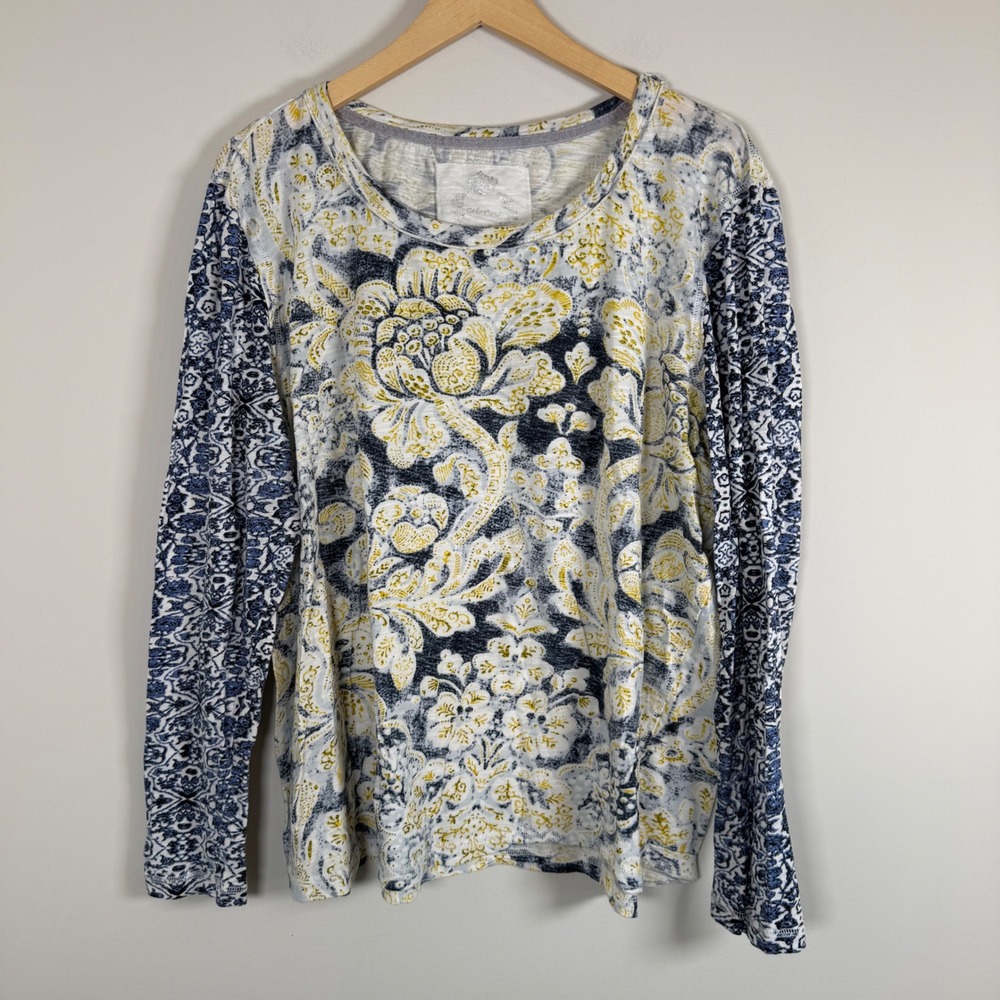 Cino Floral Paisley Slub Knit Long Sleeve Shirt‎ Top XXL Blue Yellow BOHO Greek